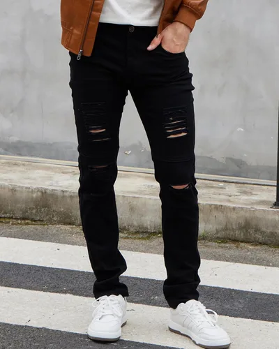 Vista 6 de WULFUL Jeans rasgados para hombre, ajustados, elásticos, cómodos, pantalones de mezclilla