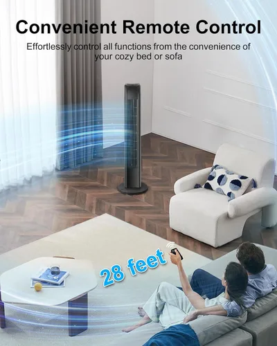 Vista 3 de Uthfy Ventilador de torre oscilante para dormitorio, ventilador de pie portátil con control remoto, 3 modos, 3 velocidades, temporizador de 7.5