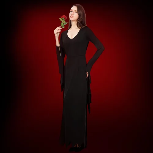 Vista 5 de Joy Bang Morticia Addams Disfraz para mujer, vestido de bruja gótica de Halloween, manga larga, largo hasta el suelo, vestido largo sexy