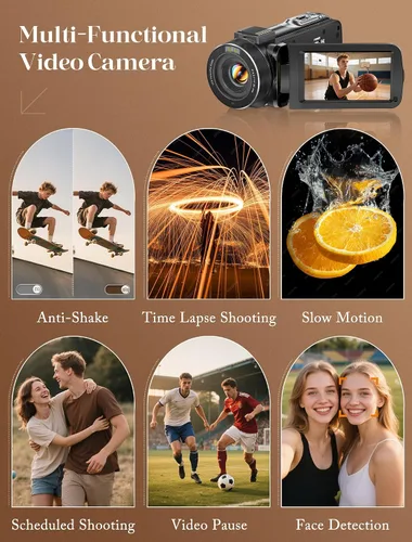 Vista 6 de ZYDIIE Videocámara 4K UHD 64MP Vlogging Cámara para YouTube 18x Zoom digital 3 pulgadas, rotación de 270°, pantalla táctil IPS videocámara