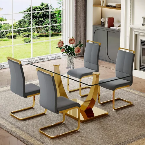 Vista 11 de Juego de mesa de comedor de cristal de 63 pulgadas para 4, mesa de comedor para 4, mesa de comedor con patas y base de acero inoxidable, sillas