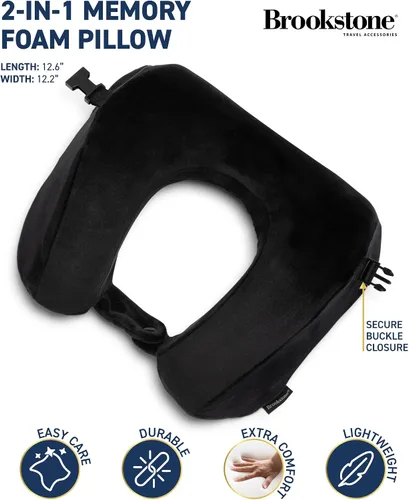Vista 2 de Brookstone Almohada de viaje de espuma viscoelástica 2 en 1, acogedora almohada de apoyo suave en forma de U para viajes, color negro Compact