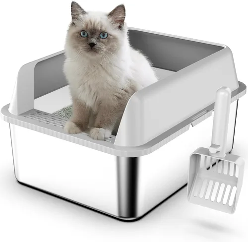 Vista 9 de Suzzipaws Paquete de 2 cajas de arena de acero inoxidable de 17.3 x 13.4 x 9 pulgadas, caja de arena para gatitos y mascotas pequeñas, caja de arena