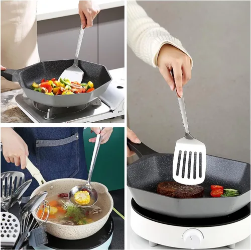 Vista 8 de Juego de utensilios de cocina de acero inoxidable, 4 piezas, espátula ranurada, espátula sólida, espumadera y cucharón, resistente al óxido, mango