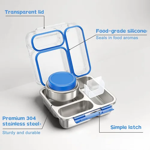 Vista 2 de Pawtong Caja Bento de Acero Inoxidable para Niños y Adultos con Frasco de Comida Aislado de 7 oz, Caja de Almuerzo de Metal con Tapa Transparente