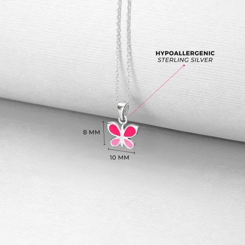 Vista 4 de Collar con colgante de plata de ley 925 de 16 pulgadas con dije de mariposa esmaltada rosa para niñas jóvenes, collares de moda con temática