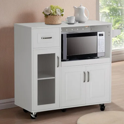 Vista 6 de Sophia & William Carrito de isla de cocina con ruedas con bandeja extensible, estante ajustable y puerta de cristal, isla de almacenamiento móvil