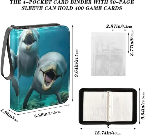 Vista 3 de Cute Dolphins - Carpeta de tarjetas de 4 bolsillos para 400 tarjetas de intercambio estándar, álbum impermeable para TCG, CCG, MTG, regalos