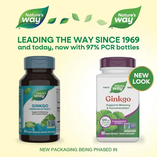 Vista 2 de Nature's Way Extracto de Ginkgo Premium, apoya la memoria y la concentración*, 120 mg de extracto de ginkgo biloba por porción de 2 cápsulas