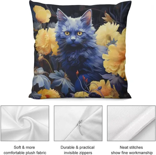 Vista 6 de Blue Cat in Bloom - Funda de almohada decorativa cuadrada suave con estampado de doble cara de 12 x 12 pulgadas, adorables almohadas de animales