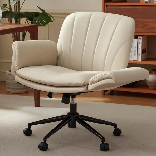 Vista 16 de Dowinx Silla Criss Cross con brazos y ruedas ajustables de cinco niveles - Cómoda silla giratoria ergonómica de cuero PU para tocador - Silla