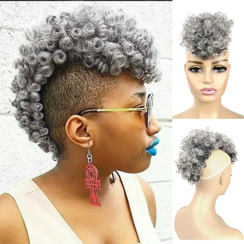 Vista 10 de UA Jerry Curls Mohawk - Cola de caballo sin cordón con flequillo, sintético, corto, afro, rizado, 6 clips BB (2#, negro natural)