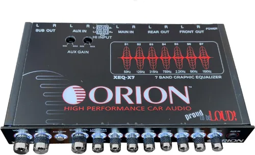 Vista 3 de Orion XEQ-X7 ecualizador gráfico de 7 bandas con entrada AUX frontal de 3.5mm – EQ de audio para auto de medio DIN con control de subwoofer