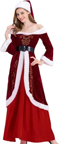 Vista 5 de Disfraz de Sra. Claus para mujer, 3 piezas, disfraces de Papá Noel, vestidos de terciopelo con hombros descubiertos, vestidos de fiesta de máscaras