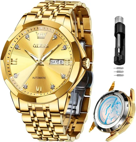 Vista 24 de OLEVS Reloj de pulsera automático con diseño de esqueleto para hombre, de lujo, con diamantes de lujo, de acero inoxidable, calendario, reloj