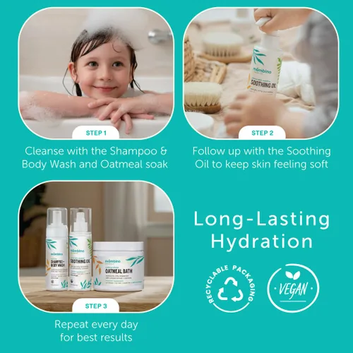 Vista 5 de Mambino Organics Juego de baño relajante, remojo de baño de avena orgánica, champú y gel de baño Soothe Me, y aceite relajante, suave para pieles