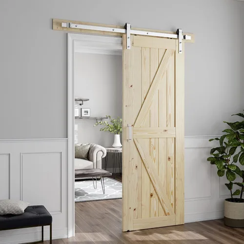 Vista 6 de SMARTSTANDARD Puerta corrediza de granero de 26 x 84 pulgadas con herrajes de níquel cepillado Kit de riel y mango de 5 pies, requiere montaje