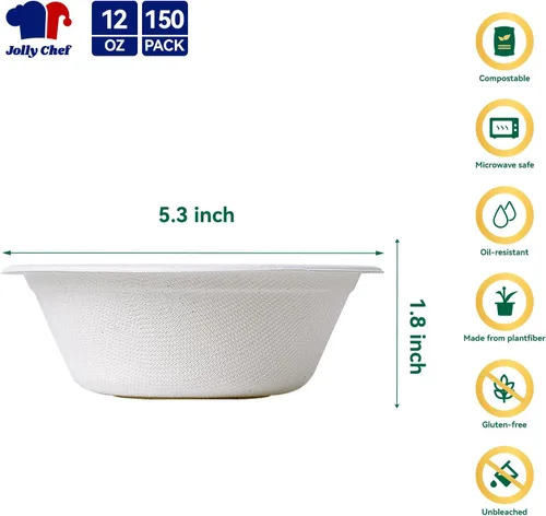 Vista 2 de JOLLY CHEF Cuencos de papel compostables desechables [12 oz] Recipientes para sopa resistentes [150 paquetes] Bagazo biodegradable apto