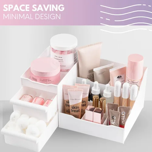Vista 3 de Mantello Organizador de maquillaje para tocador - Organizador de cosméticos blanco con múltiples compartimentos para maquillaje y artículos de aseo