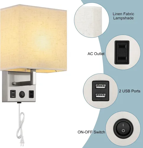 Vista 3 de Juego de dos apliques de pared negros, luces de pared de noche para dormitorio, aplique de pared enchufable con puertos USB y tomas, lámpara