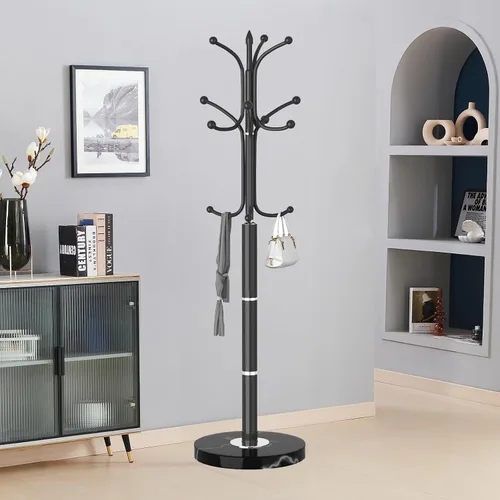 Vista 5 de Snaikor Perchero de metal independiente, soporte de perchero resistente con base de mármol natural, árbol de abrigos modernos en negro para colgar