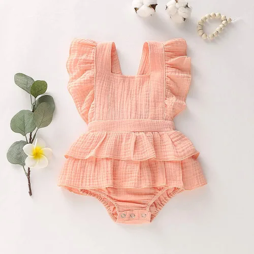 Vista 2 de Douhoow Mameluco de bebé niña mameluco con volantes de una sola pieza ropa de lino de algodón