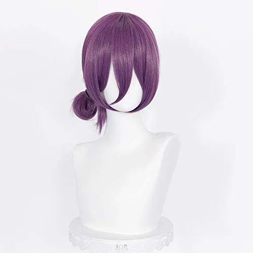 Vista 4 de Probeauty Peluca de cosplay púrpura para mujeres y niñas, peluca corta de anime púrpura con flequillo + gorra de peluca para fiesta de disfraces