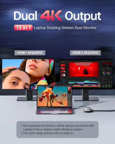 Vista 9 de Estación de acoplamiento USB C para laptop, estación de acoplamiento de monitor doble, estación de acoplamiento 13 en 1, 3 monitores con 2HDMI, VGA