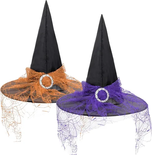 Vista 37 de Zando Sombreros de bruja de encaje para mujer, accesorios de disfraz de Halloween, accesorios de disfraz de bruja plegables para colgar