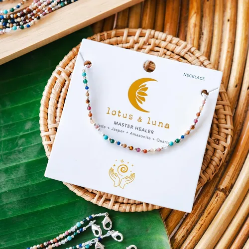 Vista 2 de Lotus and Luna Collar delicado curativo de chakras energéticos de 0.079 pulgadas con piedras reales, jade, perla, cuarzo rosa, amatista, piedra lunar