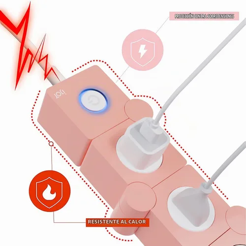 Vista 4 de iJoy - Tira de enchufes flexible: 3 salidas de corriente alterna y 2 puertos de carga USB con cable de extensión rosa, tiras de enchufes