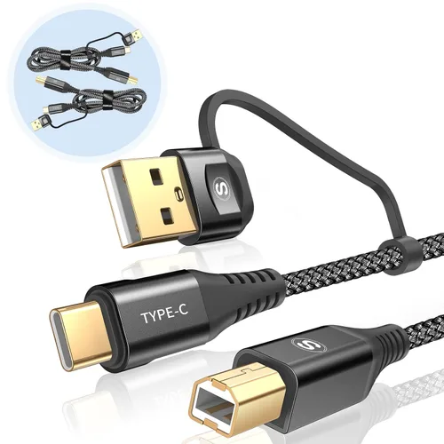 Vista 11 de Cable de impresora 2 en 1 USB-A/C a USB-B de 6.6 pies, cable MIDI tipo C trenzado de alta velocidad cable de impresora para HP Canon Dell Epson