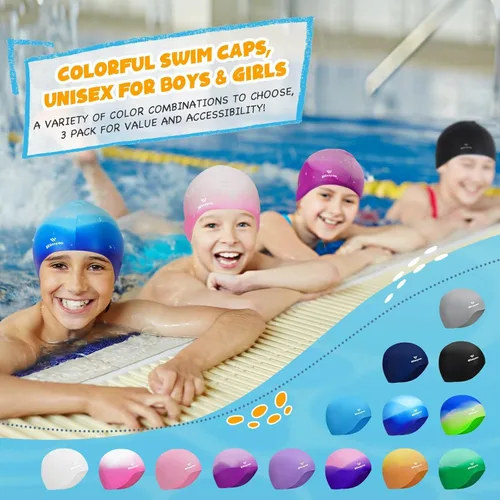 Vista 6 de 3 Pack Kids Swim Cap for Boys Girls, Unisex Silicone Swimming Caps for 3-15 Toddler Children Teen, Waterproof Bathing Caps for Short/Long Hair to