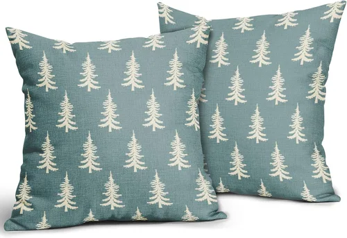 Vista 2 de Juego de 2 fundas de almohada de Navidad color azul aguamarina de 16 x 16 pulgadas, árbol de Navidad, estilo rústico, estampado de invierno, fundas