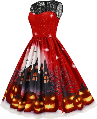 Vista 3 de Vestido de Halloween para mujer 2022, cuello redondo, sin mangas, encaje, retro, delgado, dobladillo grande