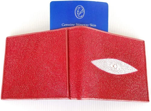 Vista 8 de Cuero auténtico de la piel de Stingray 1 ojo hombre bifold brillante rojo cartera