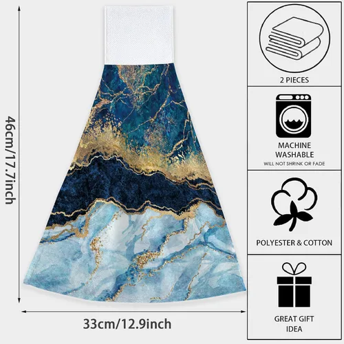 Vista 2 de Juego de 2 toallas de mano de mármol azul dorado con bucle, toallas de secado rápido, toallas suaves para cocina, platos de té, toallas para baño