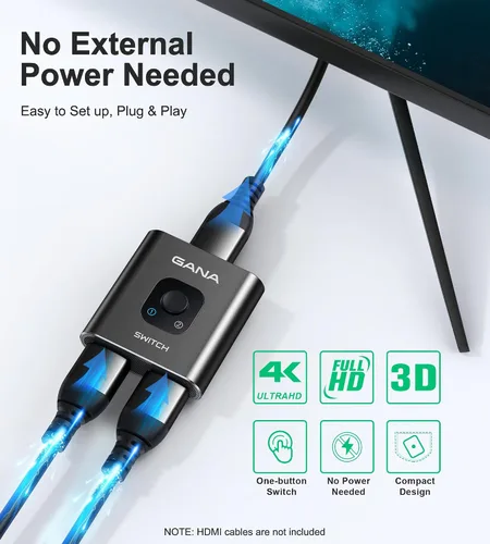 Vista 6 de Interruptor HDMI 4 K a 60 Hz, interruptor HDMI bidireccional de aluminio GANA 2 en 1 salida, concentrador HDMI manual compatible con HD compatible