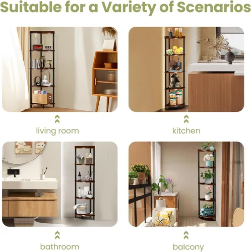 Vista 7 de Estante esquinero de madera de 5 niveles: estantería de esquina alta para sala de estar/dormitorio/baño/cocina/oficina en casa, estantes esquineros