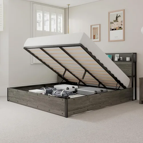 Vista 12 de Cama de Almacenamiento Elevable Tamaño Full, Marco de Cama Plataforma de Madera con Cabecera de Almacenamiento y Estación de Carga, No Necesita Negro