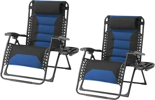 Vista 24 de Zero Gravity - Juego de 2 sillas reclinables plegables de gran tamaño, acolchadas antigravedad con almohada ajustable y portavasos para campamento