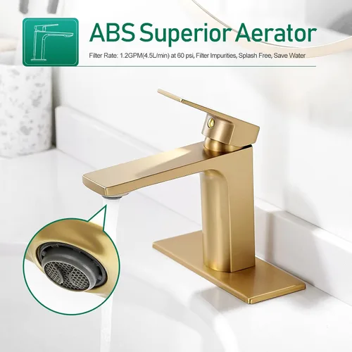 Vista 2 de VOTON - Grifo de fregadero de baño de oro cepillado con una sola manija y desagüe desplegable para lavabo de 1 agujero o 3 agujeros con placa