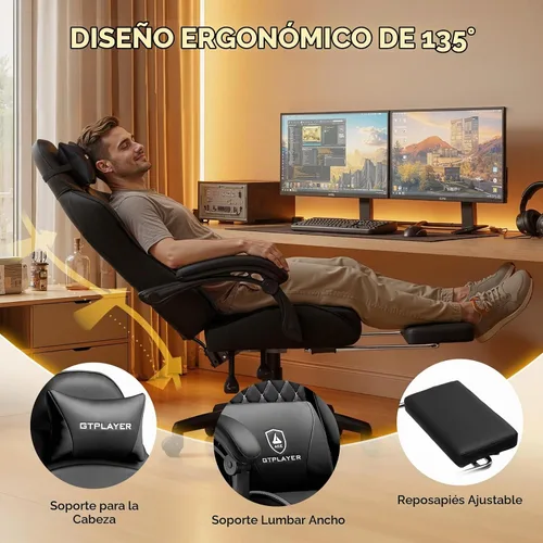 Vista 5 de GTPLAYER Silla para videojuegos, silla de cuero con respaldo alto y reposapiés, silla de oficina ergonómica de altura ajustable con funda extraíble