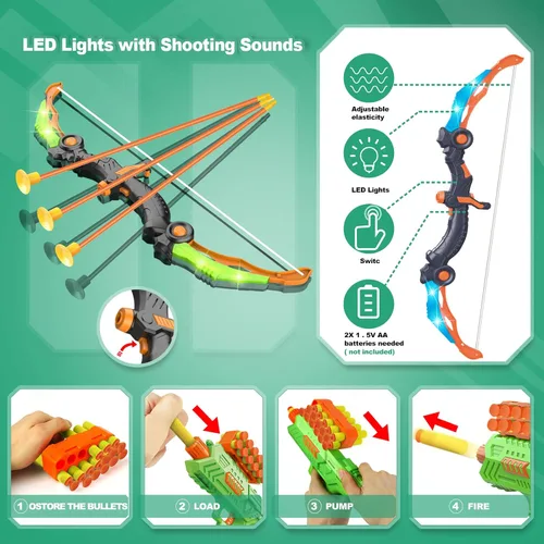 Vista 3 de SpringFlower 2 Bow and Arrow Sets with LED Light-up,2 Foam Dart Guns for Kids 5 6 7 8 9 10+ Years Old, Archery Set with Standing Target for Boys &