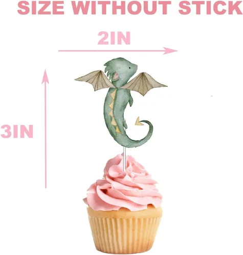 Vista 5 de Decoración para cupcakes de dragón, 10 piezas, suministros para baby shower y fiesta de cumpleaños con lindos dragones de fantasía para niños