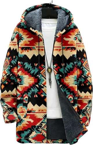 Vista 14 de Chaqueta de forro polar con capucha para hombre, con estampado azteca, de algodón pesado, con cremallera, manga larga, chaqueta con capucha