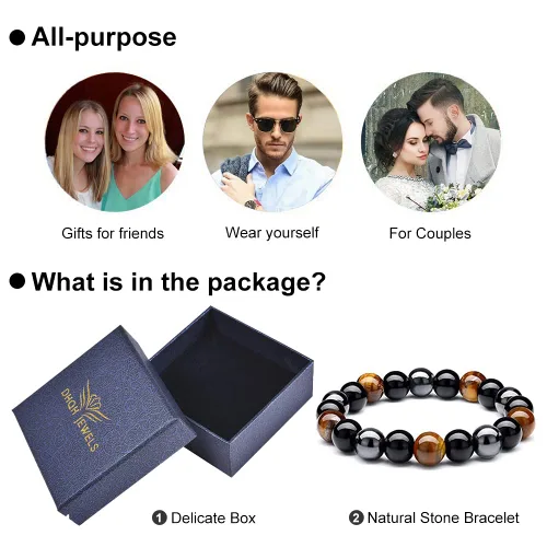 Vista 28 de DHQH Triple Protection Bracelet 8/10MM Hematite Black Agate Tigers Eye Stone Bracelet Crystal Jewelry Healing Bead Bracelets for Men Bring Luck