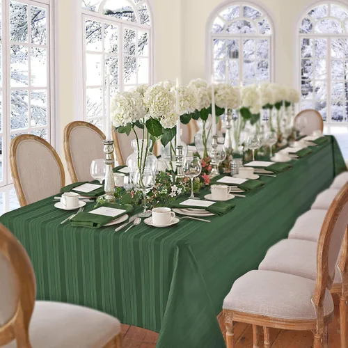 Vista 8 de Newbridge - Mantel navideño de satén con rayas verde cazador, 52 x 52 pulgadas cuadradas, rayas tejidas festivas, mantel de poliéster reutilizable