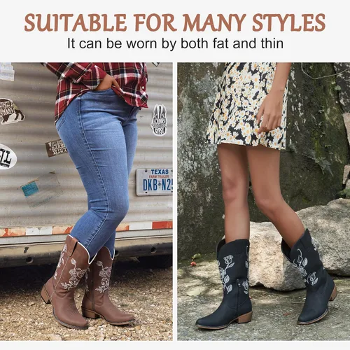 Vista 6 de Jeossy Botas vaqueras a media pantorrilla con bordado de flores, tacón bajo, botas vaqueras occidentales 9807 para mujer