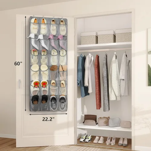 Vista 4 de FENTEC Organizador de zapatos para colgar sobre la puerta, 24 bolsillos, organizador de zapatos colgante para closet, de malla de bolsillo grande